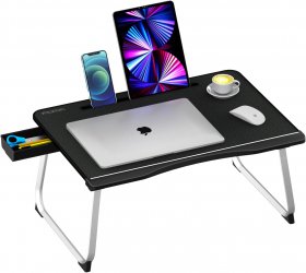 Laptop Desk for Bed,Fazoc Foldable Bed Tray PVC Leather Table with Storage Drawer & Card Slot for Eating,Reading Book, Watching on Bed,Couch & Floor-Black